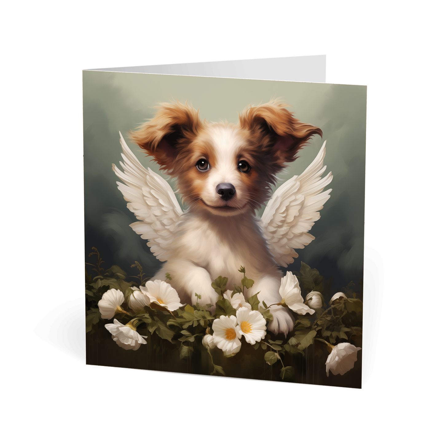 One of Flynn's 'Guardian Angel Dog' greeting card designs. Each card comes with an envelope. Detail.