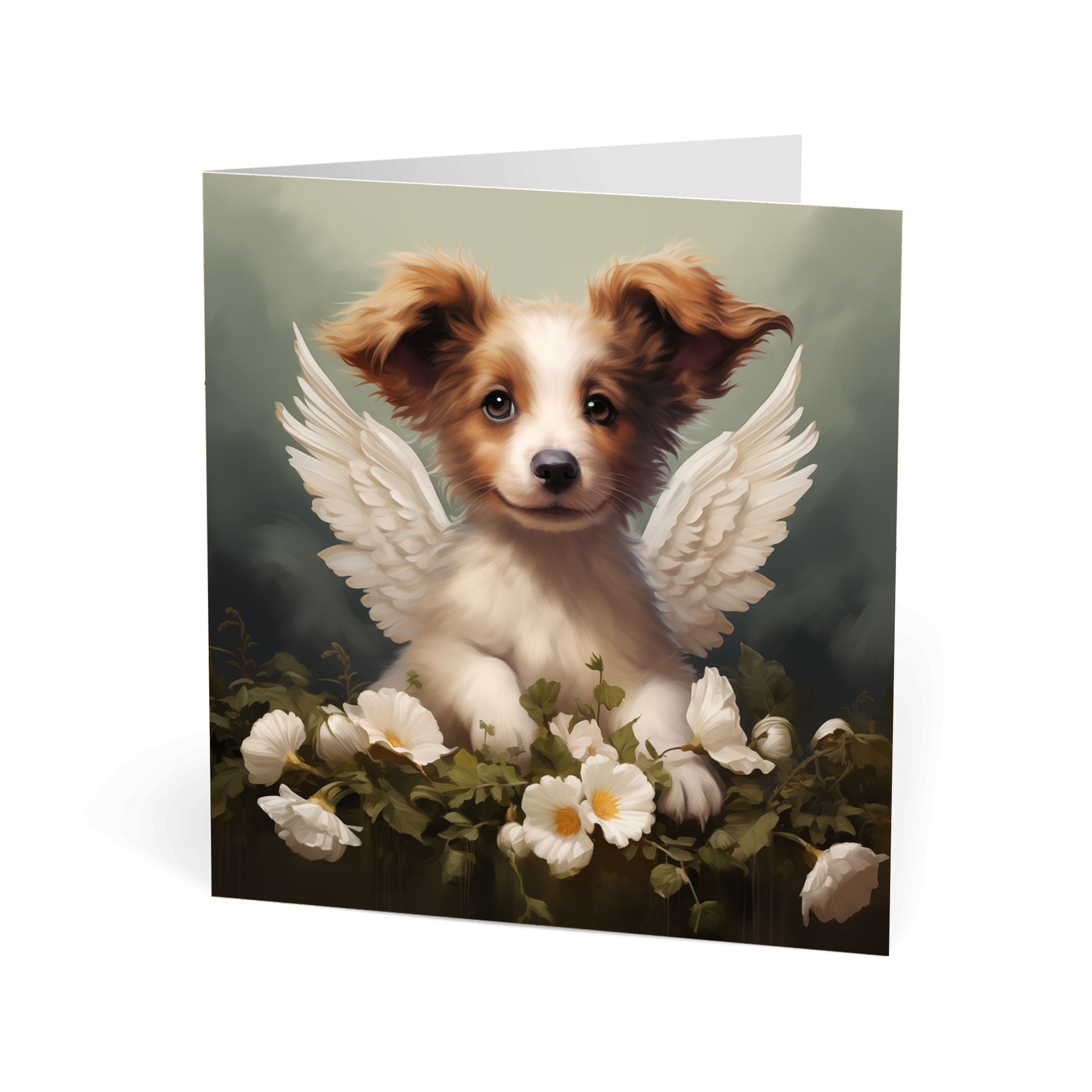 One of Flynn's 'Guardian Angel Dog' greeting card designs. Each card comes with an envelope. Detail.