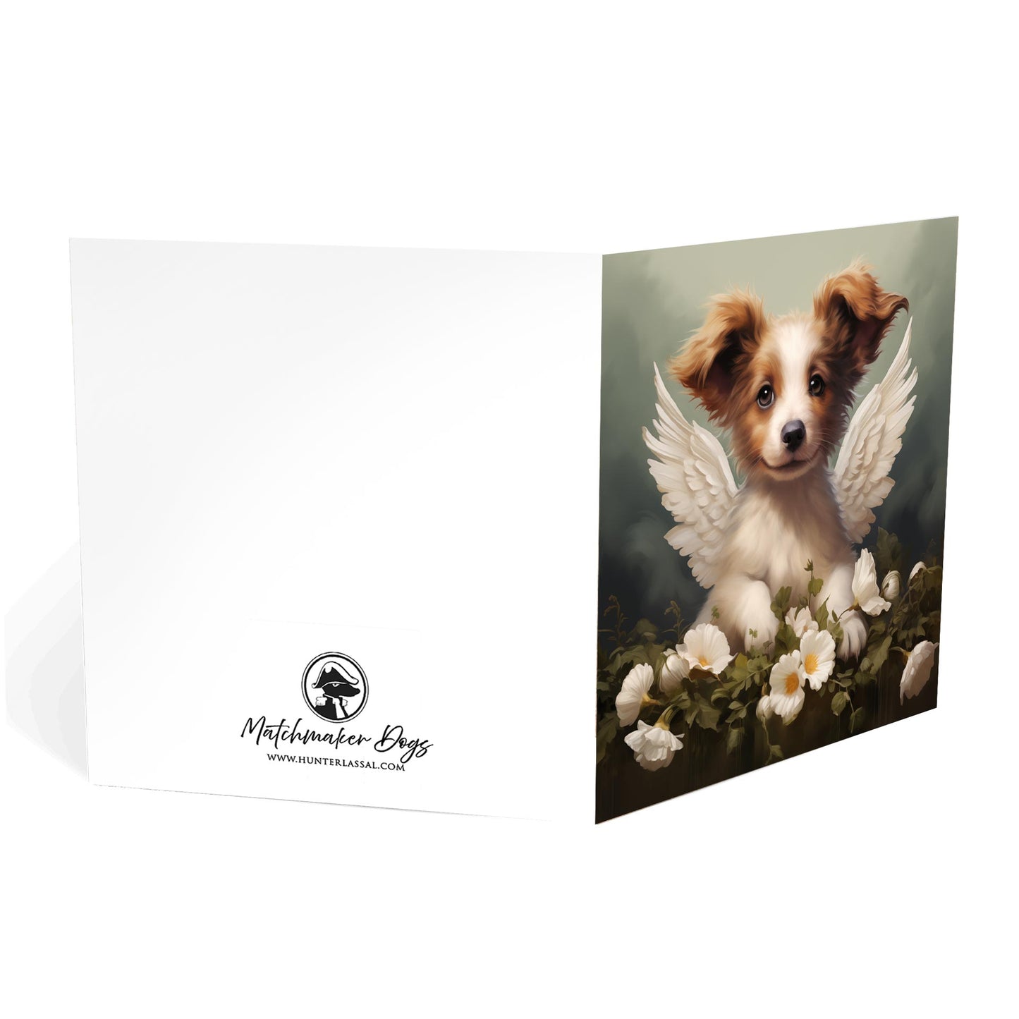 One of Flynn's 'Guardian Angel Dog' greeting card designs. Each card comes with an envelope. Detail.