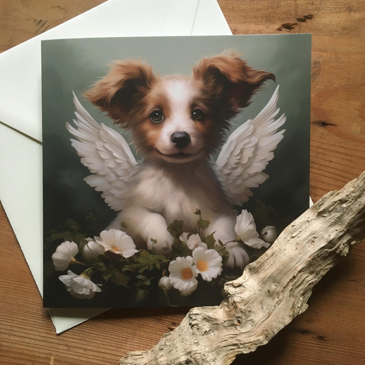 One of Flynn's 'Guardian Angel Dog' greeting card designs. Each card comes with an envelope. Detail.