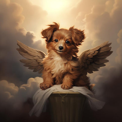 One of Flynn's 'Guardian Angel Dog' greeting card designs. Each card comes with an envelope. Detail.