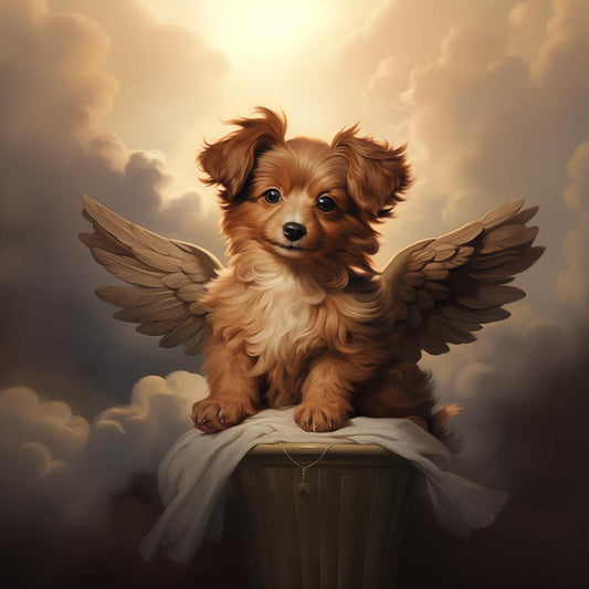 One of Flynn's 'Guardian Angel Dog' greeting card designs. Each card comes with an envelope. Detail.