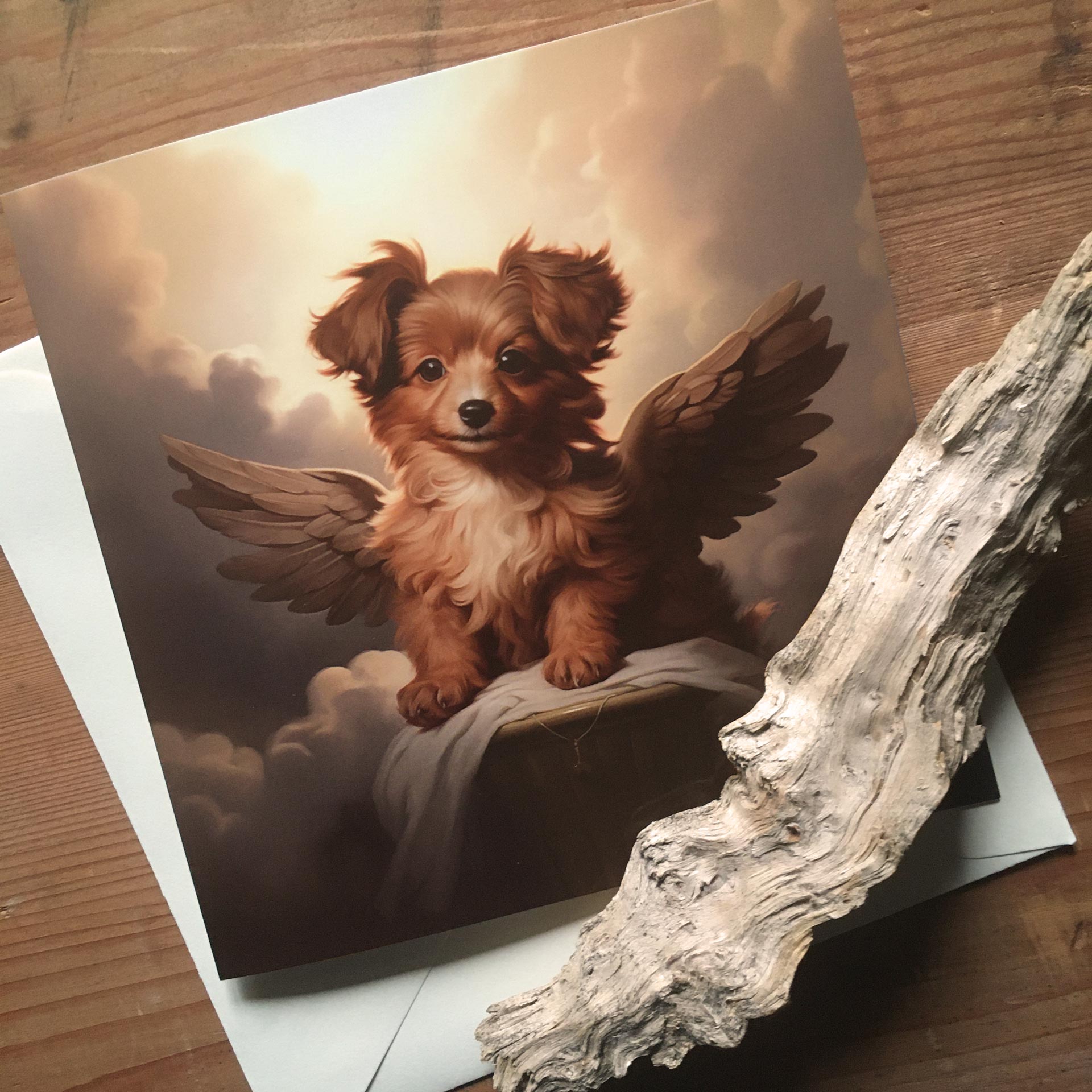 One of Flynn's 'Guardian Angel Dog' greeting card designs. Each card comes with an envelope. Detail.