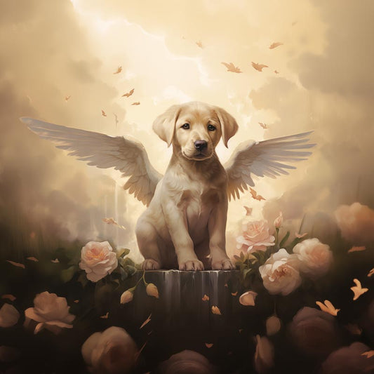 One of Flynn's 'Guardian Angel Dog' greeting card designs. Each card comes with an envelope. Detail.