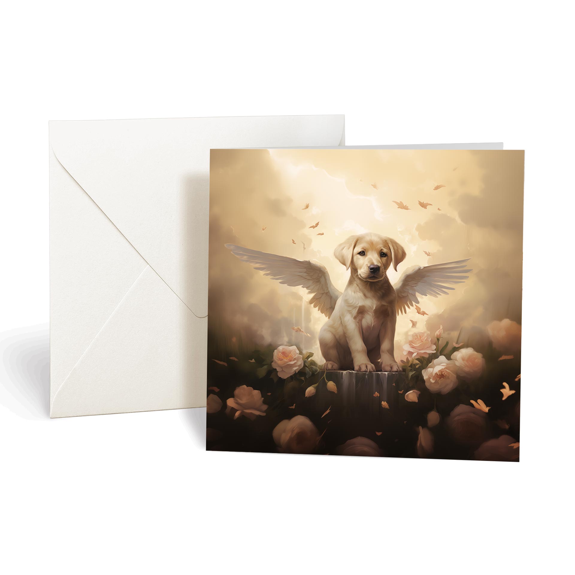 This product includes one A015 "Guardian Angel Dogs" greeting card from the Matchmaker Dogs design set. It includes a 16x16cm envelope.