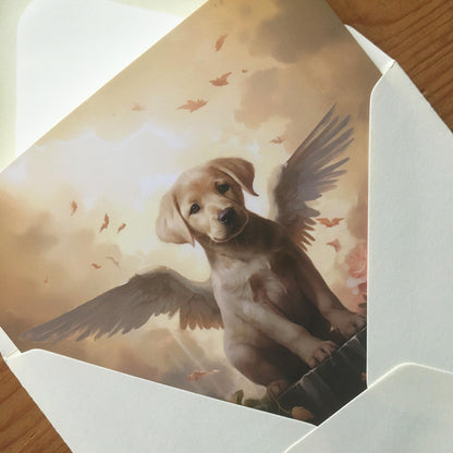 One of Flynn's 'Guardian Angel Dog' greeting card designs. Each card comes with an envelope. Detail.