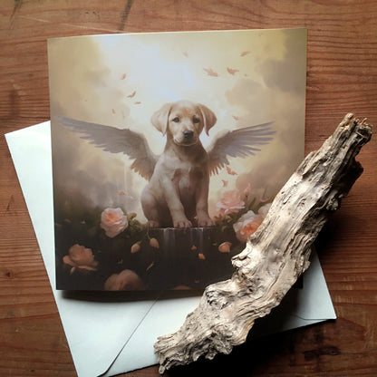 One of Flynn's 'Guardian Angel Dog' greeting card designs. Each card comes with an envelope. Detail.
