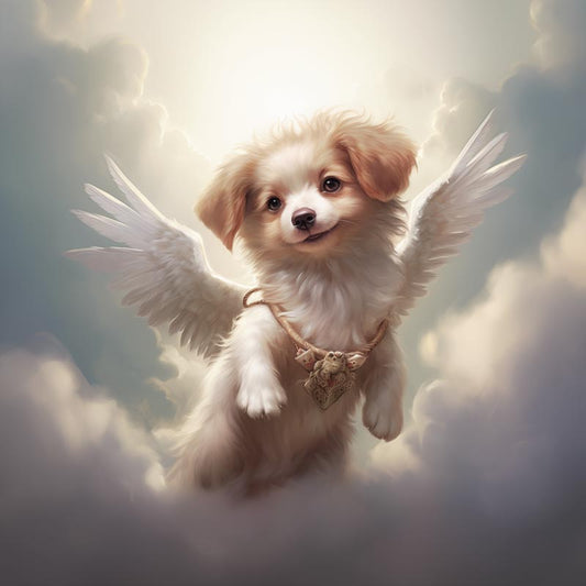 One of Flynn's 'Guardian Angel Dog' greeting card designs. Each card comes with an envelope. Detail.