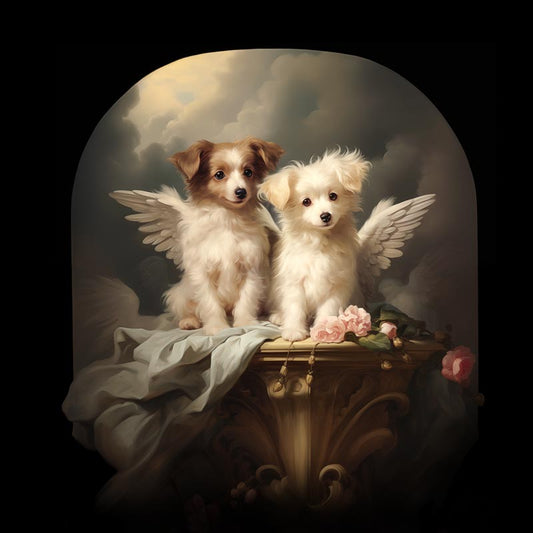 One of Flynn's 'Guardian Angel Dog' greeting card designs. Each card comes with an envelope. Detail.