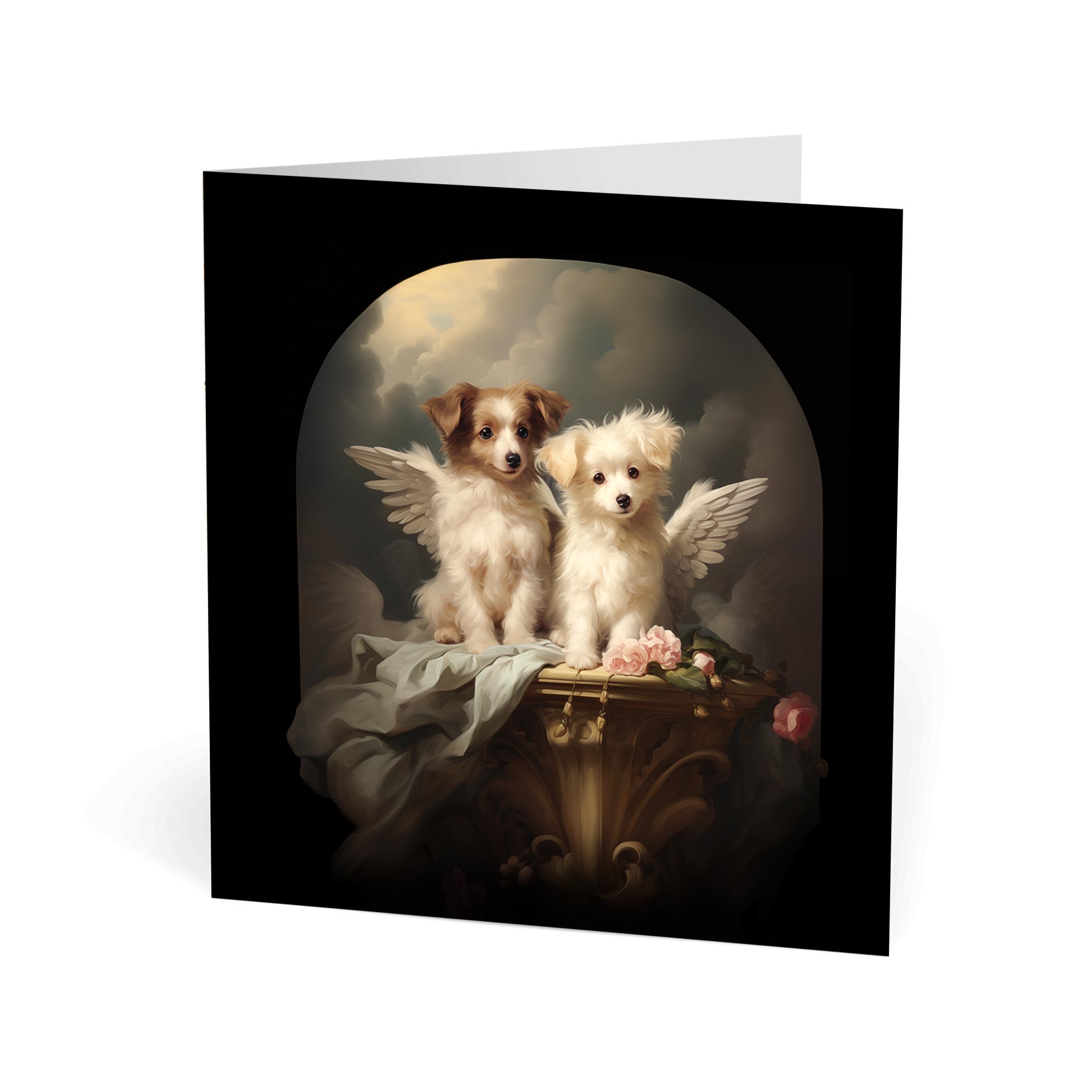 One of Flynn's 'Guardian Angel Dog' greeting card designs. Each card comes with an envelope. Detail.