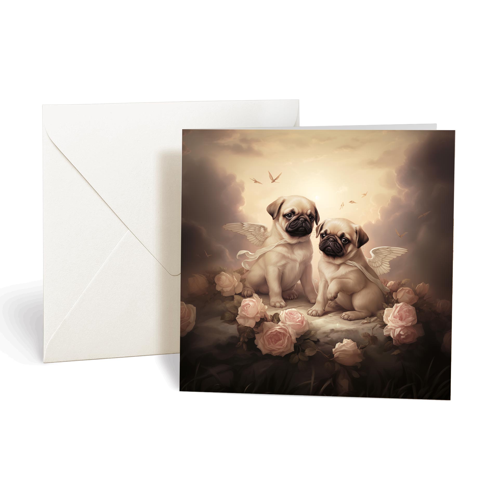This product includes one A018 "Guardian Angel Dogs" greeting card from the Matchmaker Dogs design set. It includes a 16x16cm envelope.