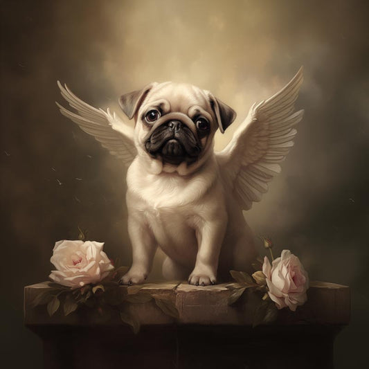 One of Flynn's 'Guardian Angel Dog' greeting card designs. Each card comes with an envelope. Detail.