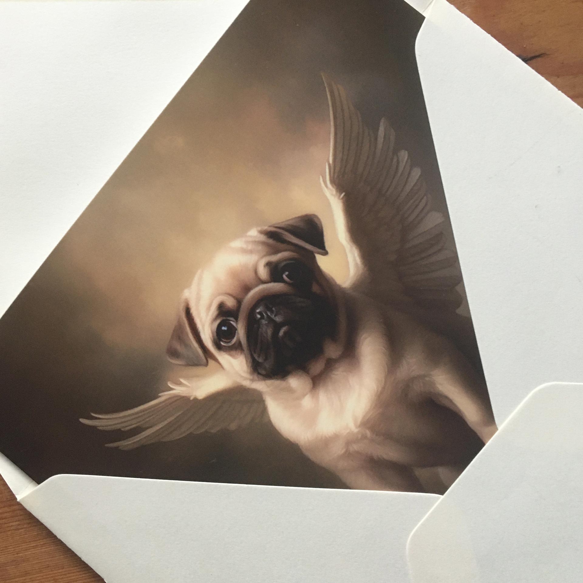 One of Flynn's 'Guardian Angel Dog' greeting card designs. Each card comes with an envelope. Detail.