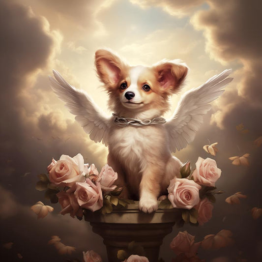 One of Flynn's 'Guardian Angel Dog' greeting card designs. Each card comes with an envelope. Detail.