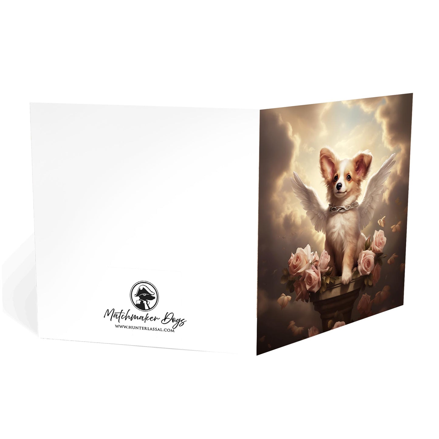 One of Flynn's 'Guardian Angel Dog' greeting card designs. Each card comes with an envelope. Detail.