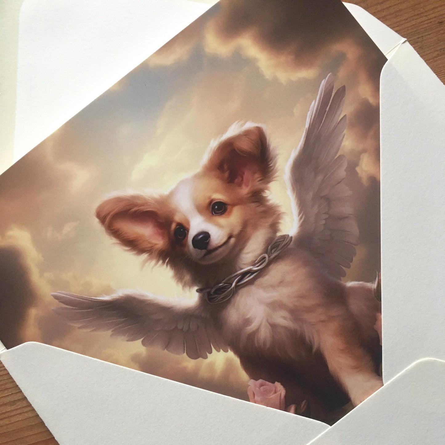 One of Flynn's 'Guardian Angel Dog' greeting card designs. Each card comes with an envelope. Detail.