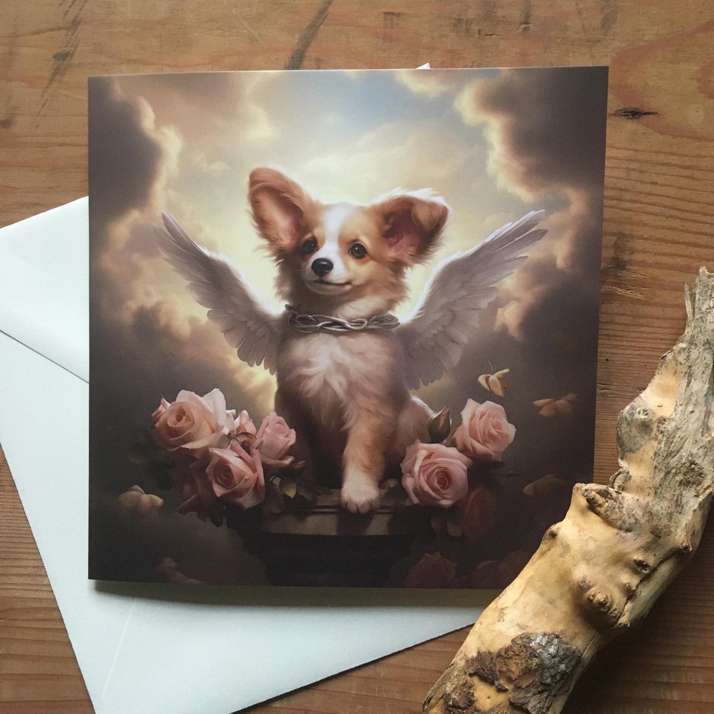One of Flynn's 'Guardian Angel Dog' greeting card designs. Each card comes with an envelope. Detail.
