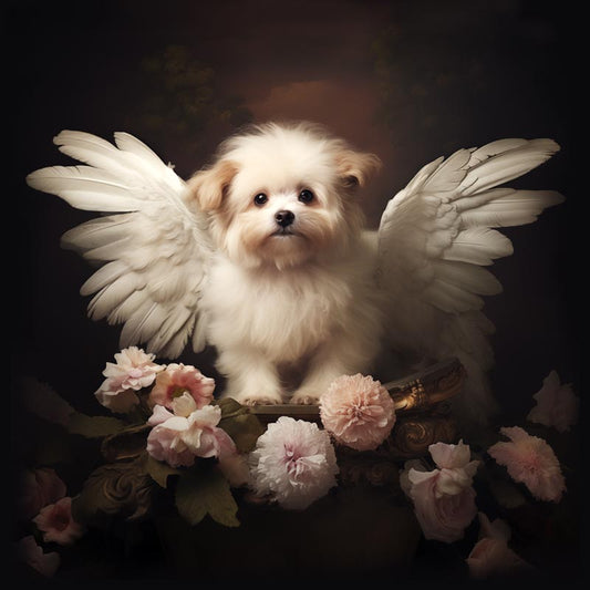 One of Flynn's 'Guardian Angel Dog' greeting card designs. Each card comes with an envelope. Detail.