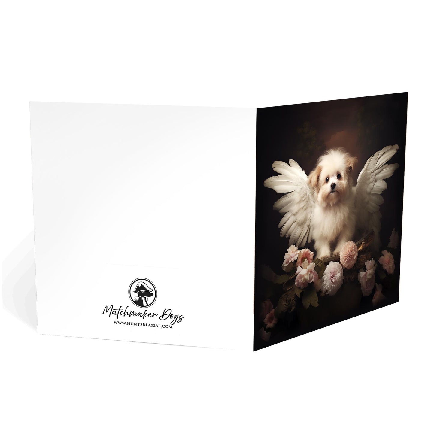 One of Flynn's 'Guardian Angel Dog' greeting card designs. Each card comes with an envelope. Detail.