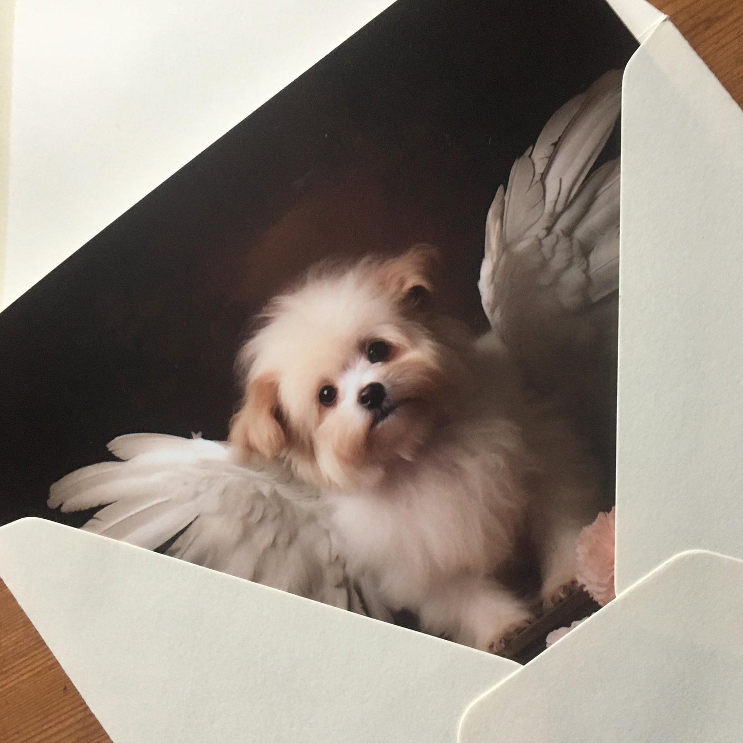 One of Flynn's 'Guardian Angel Dog' greeting card designs. Each card comes with an envelope. Detail.