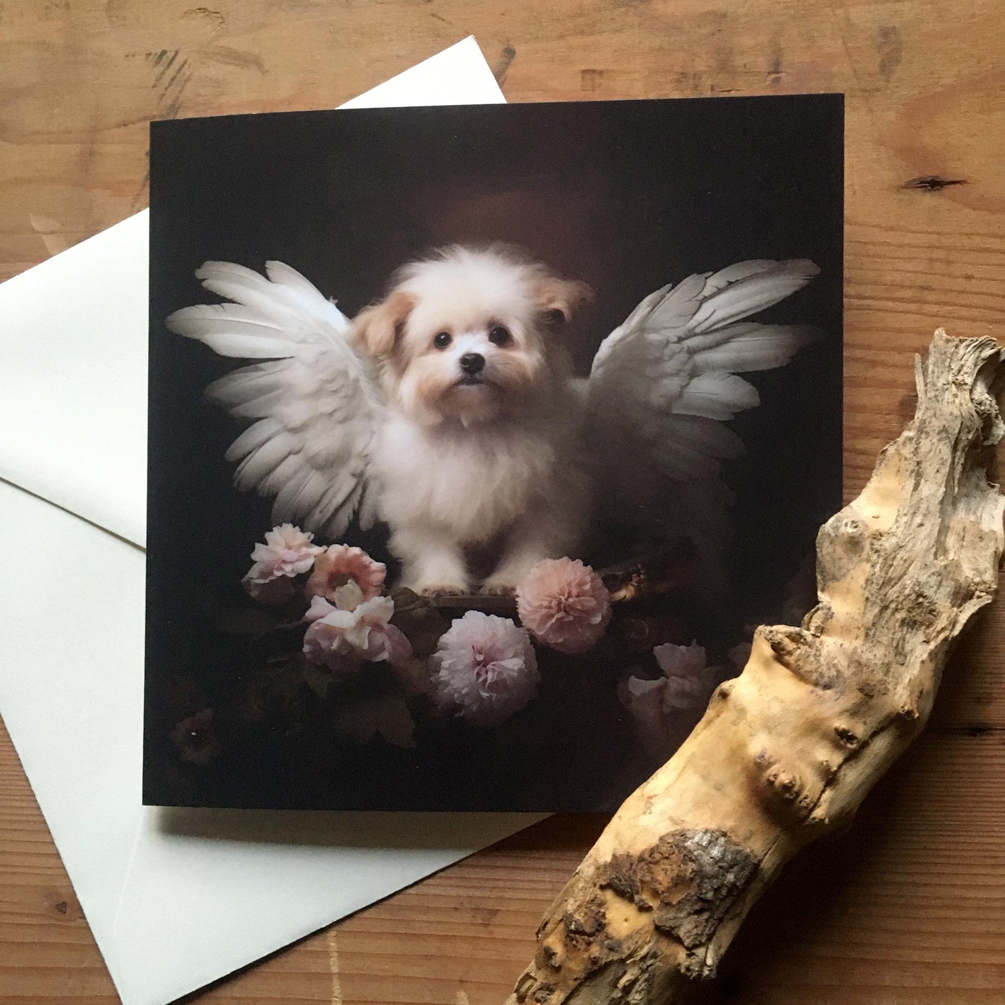 One of Flynn's 'Guardian Angel Dog' greeting card designs. Each card comes with an envelope. Detail.