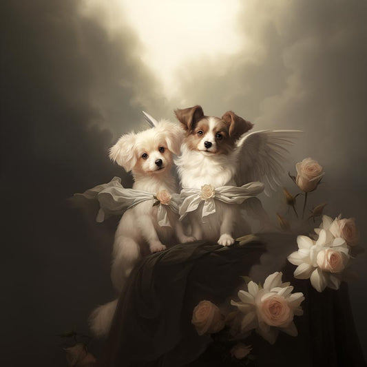 One of Flynn's 'Guardian Angel Dog' greeting card designs. Each card comes with an envelope. Detail.