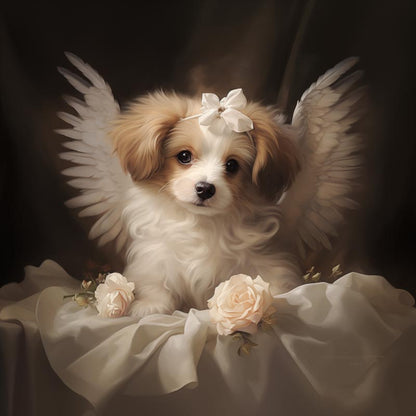 One of Flynn's 'Guardian Angel Dog' greeting card designs. Each card comes with an envelope. Detail.