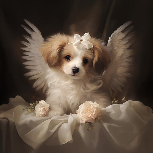 One of Flynn's 'Guardian Angel Dog' greeting card designs. Each card comes with an envelope. Detail.