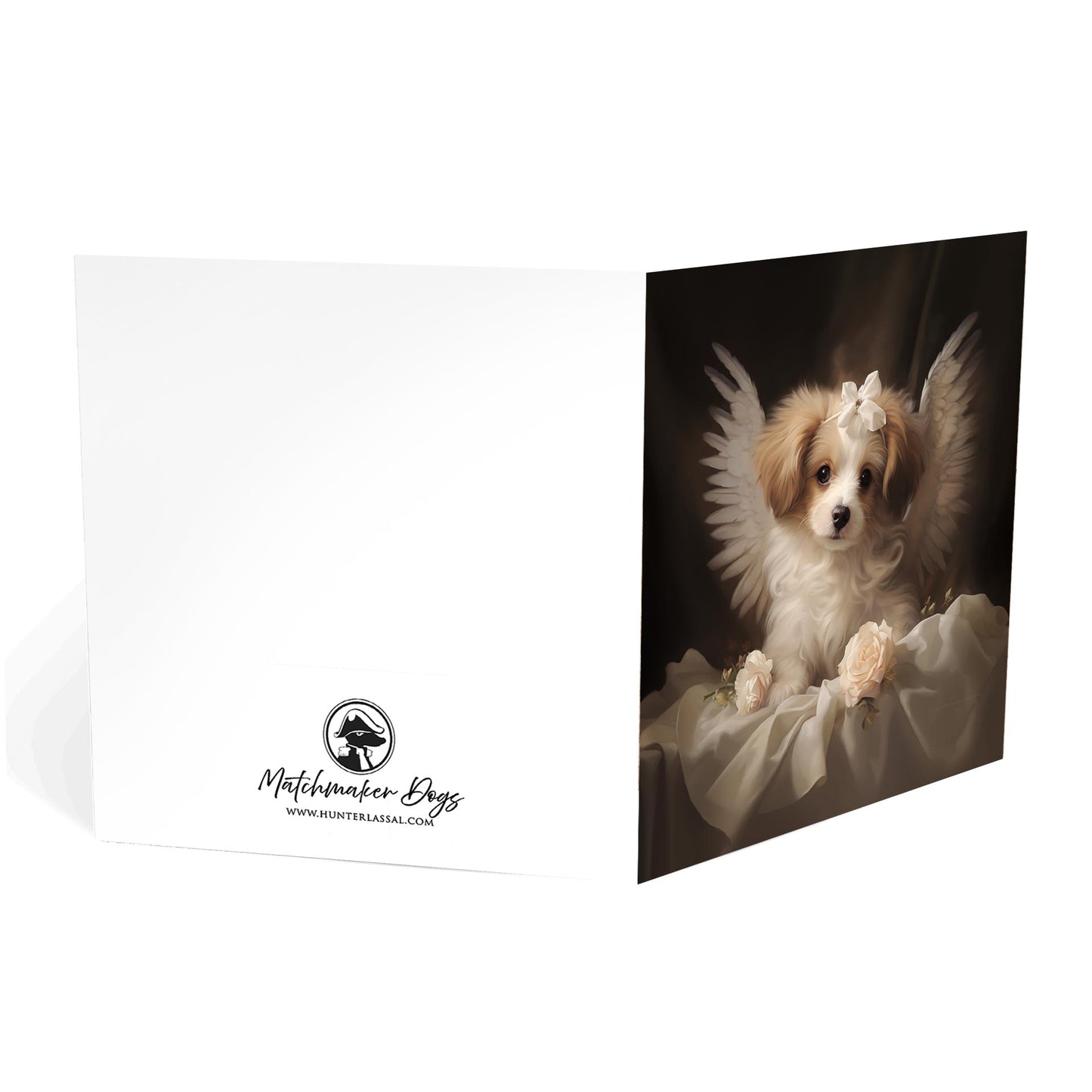 One of Flynn's 'Guardian Angel Dog' greeting card designs. Each card comes with an envelope. Detail.