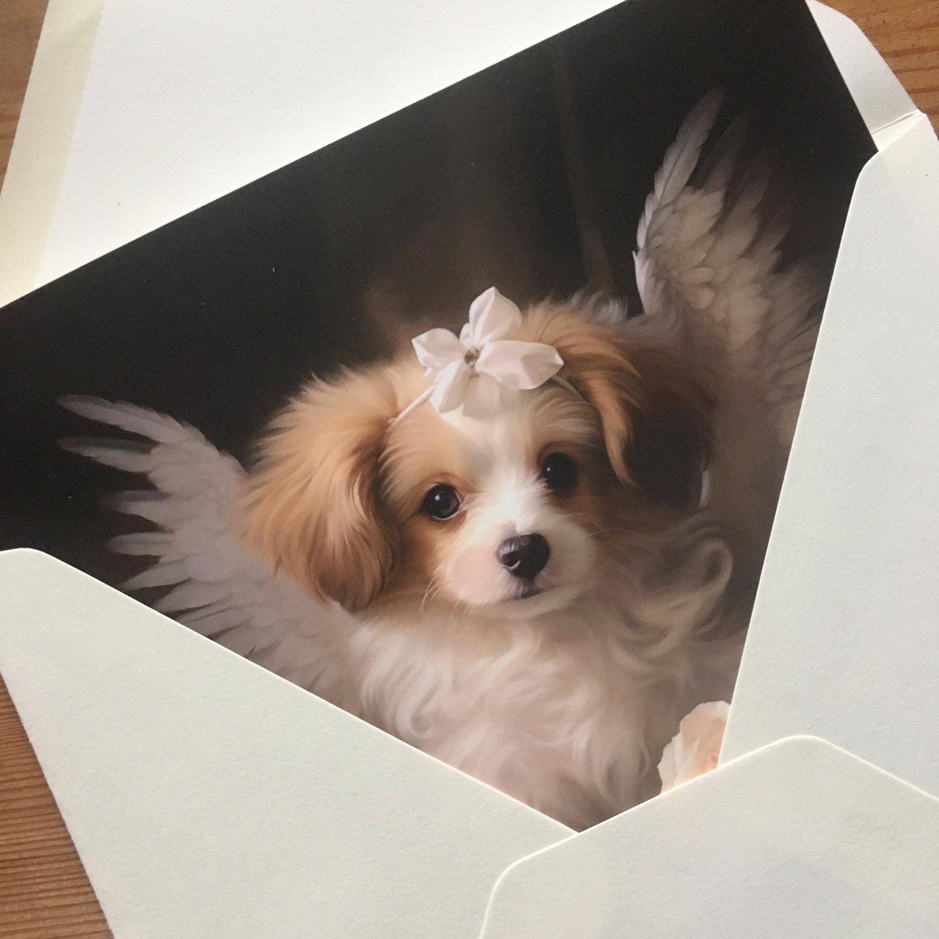 One of Flynn's 'Guardian Angel Dog' greeting card designs. Each card comes with an envelope. Detail.