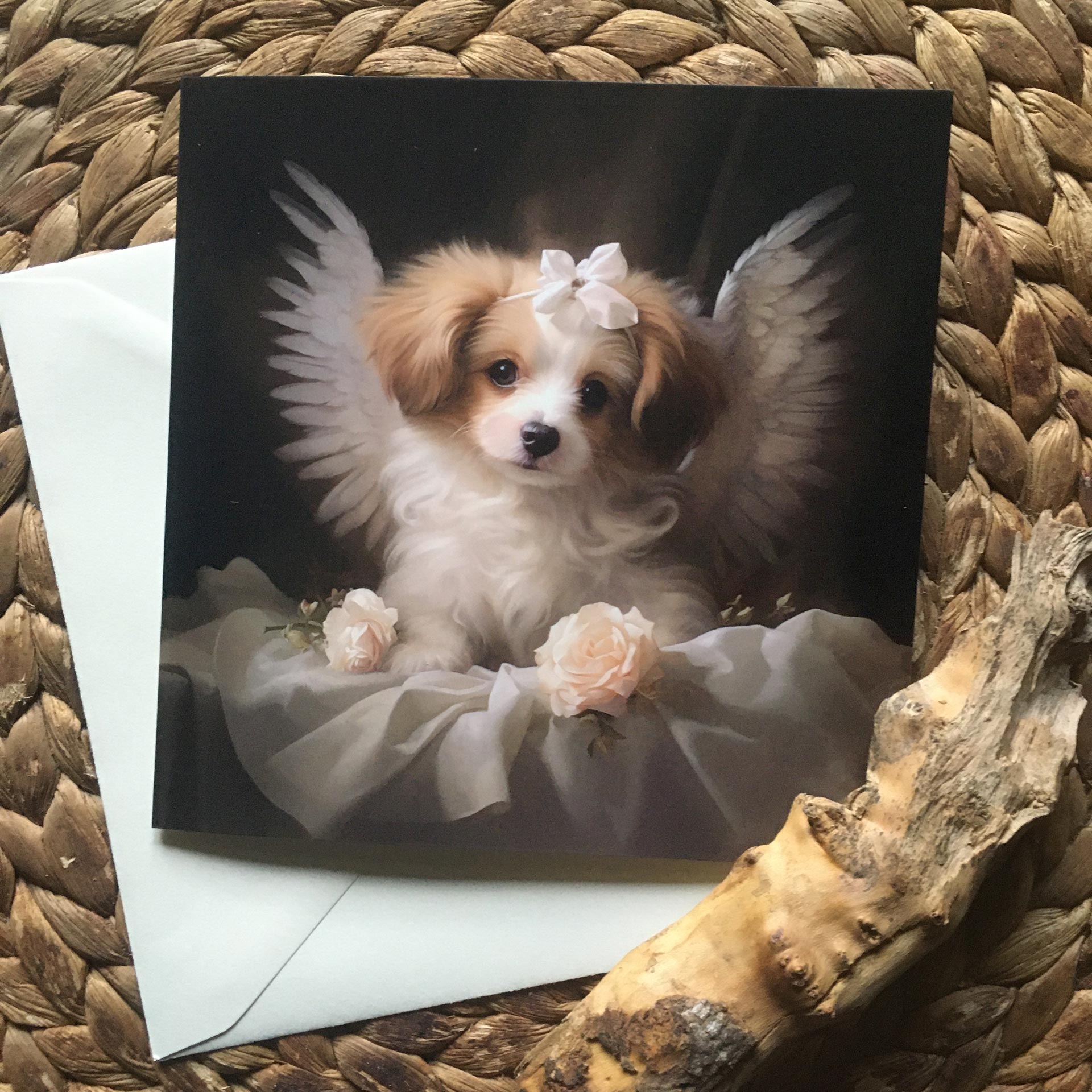 One of Flynn's 'Guardian Angel Dog' greeting card designs. Each card comes with an envelope. Detail.