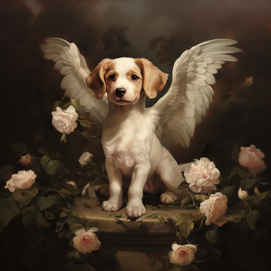 One of Flynn's 'Guardian Angel Dog' greeting card designs. Each card comes with an envelope. Detail.