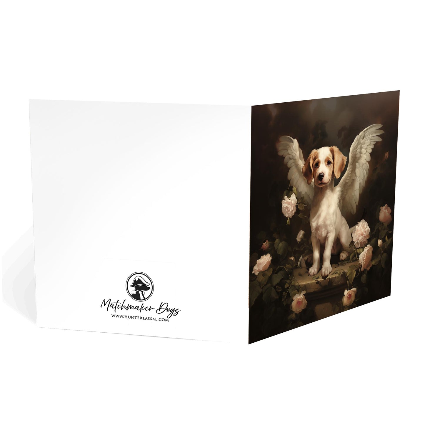 One of Flynn's 'Guardian Angel Dog' greeting card designs. Each card comes with an envelope. Detail.