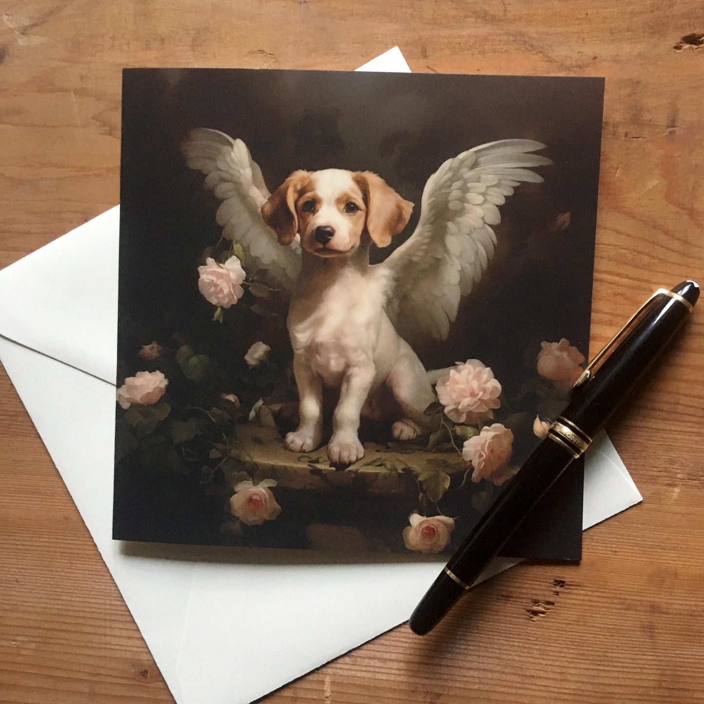 One of Flynn's 'Guardian Angel Dog' greeting card designs. Each card comes with an envelope. Detail.