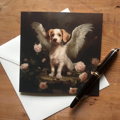 One of Flynn's 'Guardian Angel Dog' greeting card designs. Each card comes with an envelope. Detail.