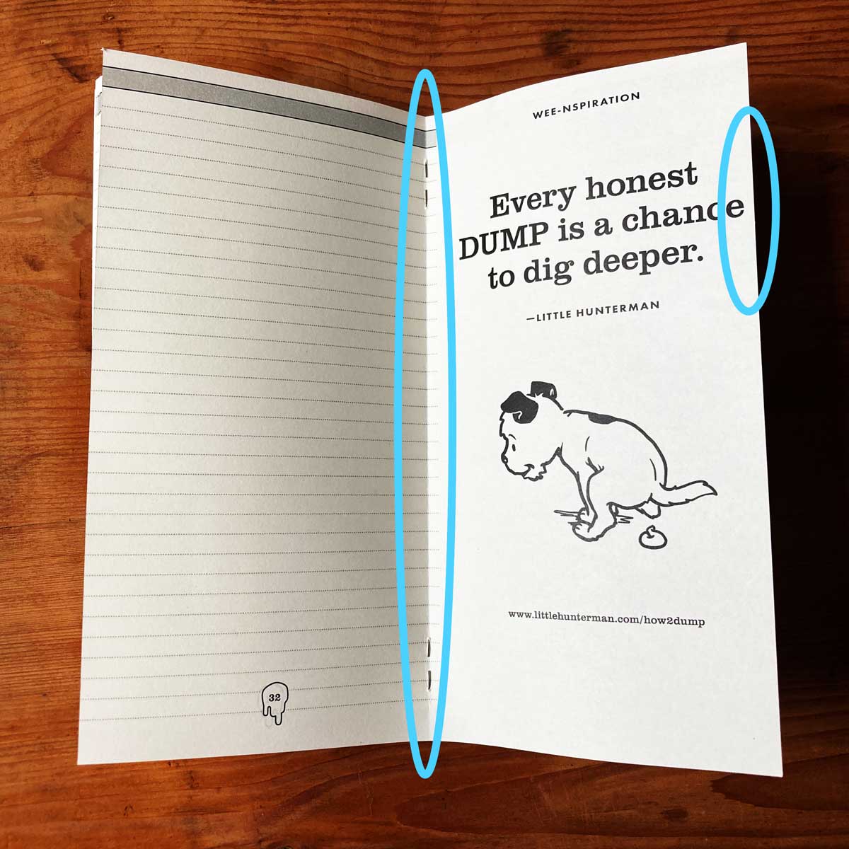 Image shows a "Big Dump Journal" with B-grade status, open on a wooden surface, with the problematic inner-margin being highlighted for the viewer. 