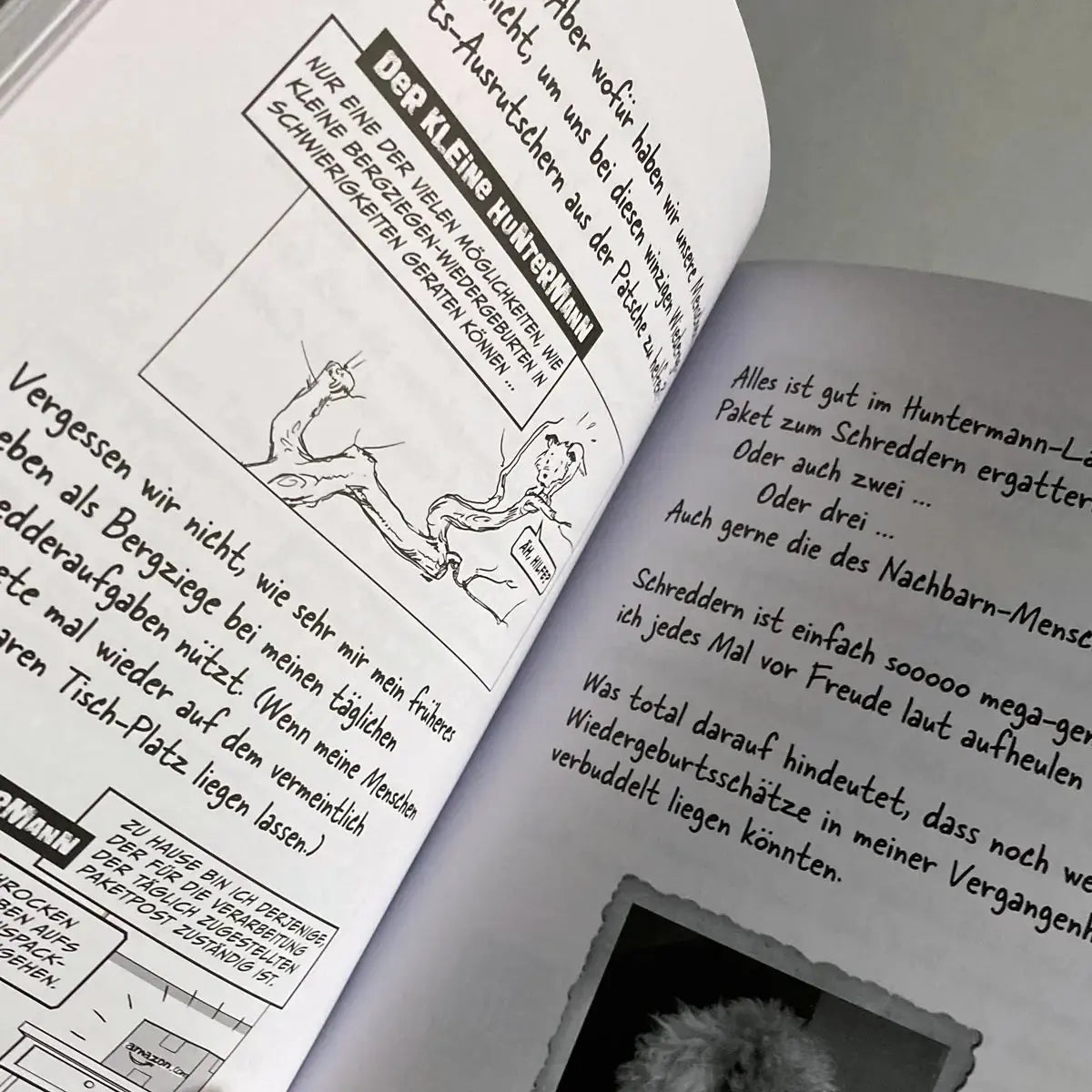 Die große Welt des kleinen Huntermann, die lustigen Hundememoiren eines kleinen Terriers, von Hunter Lassal. Premiumausgabe mit Schwarz-Weiß-Druck auf weißem Papier - aufgeschlagenes Buch mit Contentansicht auf hellem Hintergrund