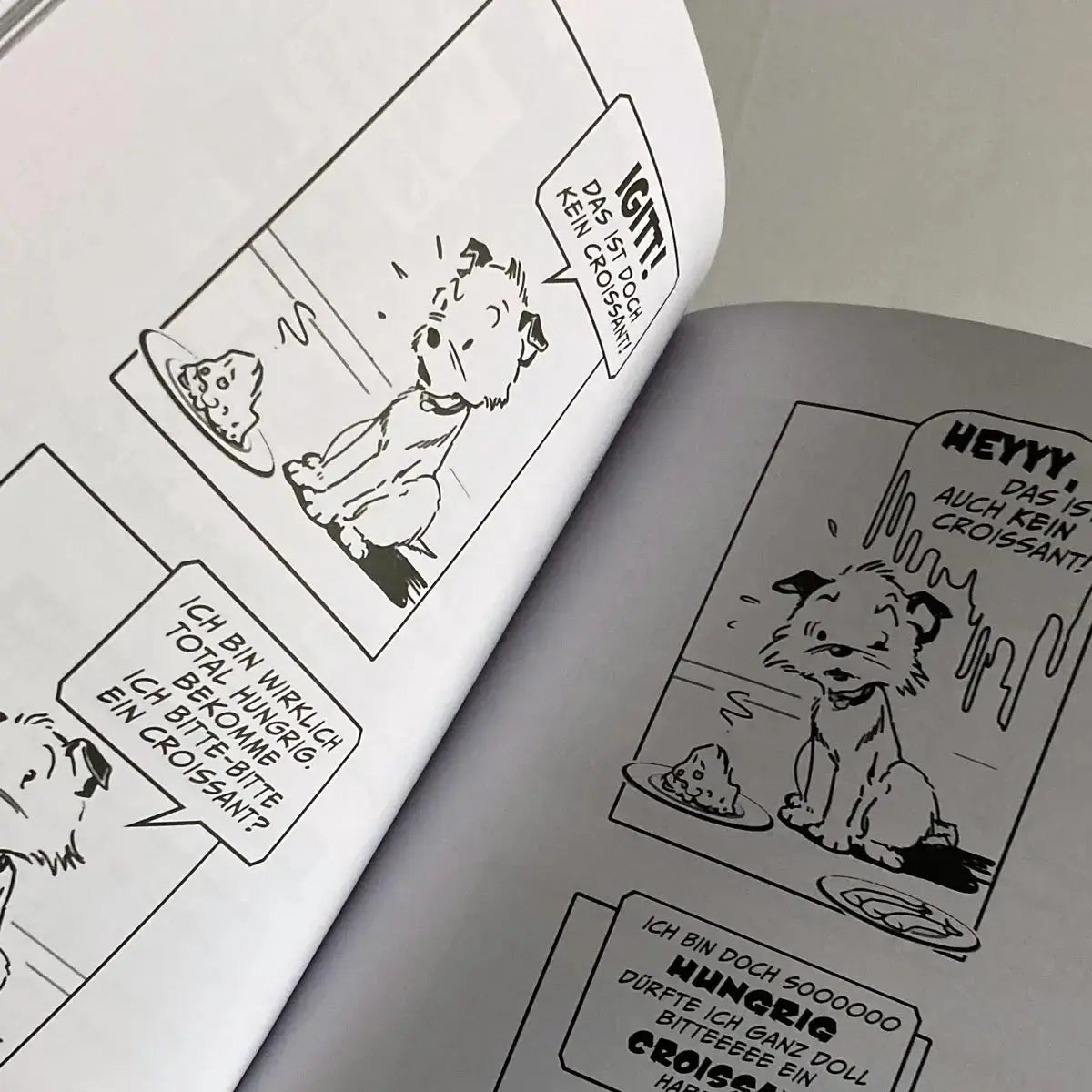 Die große Welt des kleinen Huntermann, die lustigen Hundememoiren eines kleinen Terriers, von Hunter Lassal. Premiumausgabe mit Schwarz-Weiß-Druck auf weißem Papier - aufgeschlagenes Buch mit Contentansicht auf hellem Hintergrund