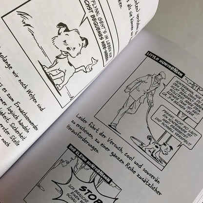 Die große Welt des kleinen Huntermann, die lustigen Hundememoiren eines kleinen Terriers, von Hunter Lassal. Premiumausgabe mit Schwarz-Weiß-Druck auf weißem Papier - aufgeschlagenes Buch mit Contentansicht auf hellem Hintergrund