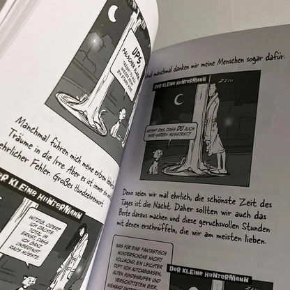 Die große Welt des kleinen Huntermann, die lustigen Hundememoiren eines kleinen Terriers, von Hunter Lassal. Premiumausgabe mit Schwarz-Weiß-Druck auf weißem Papier - aufgeschlagenes Buch mit Contentansicht auf hellem Hintergrund