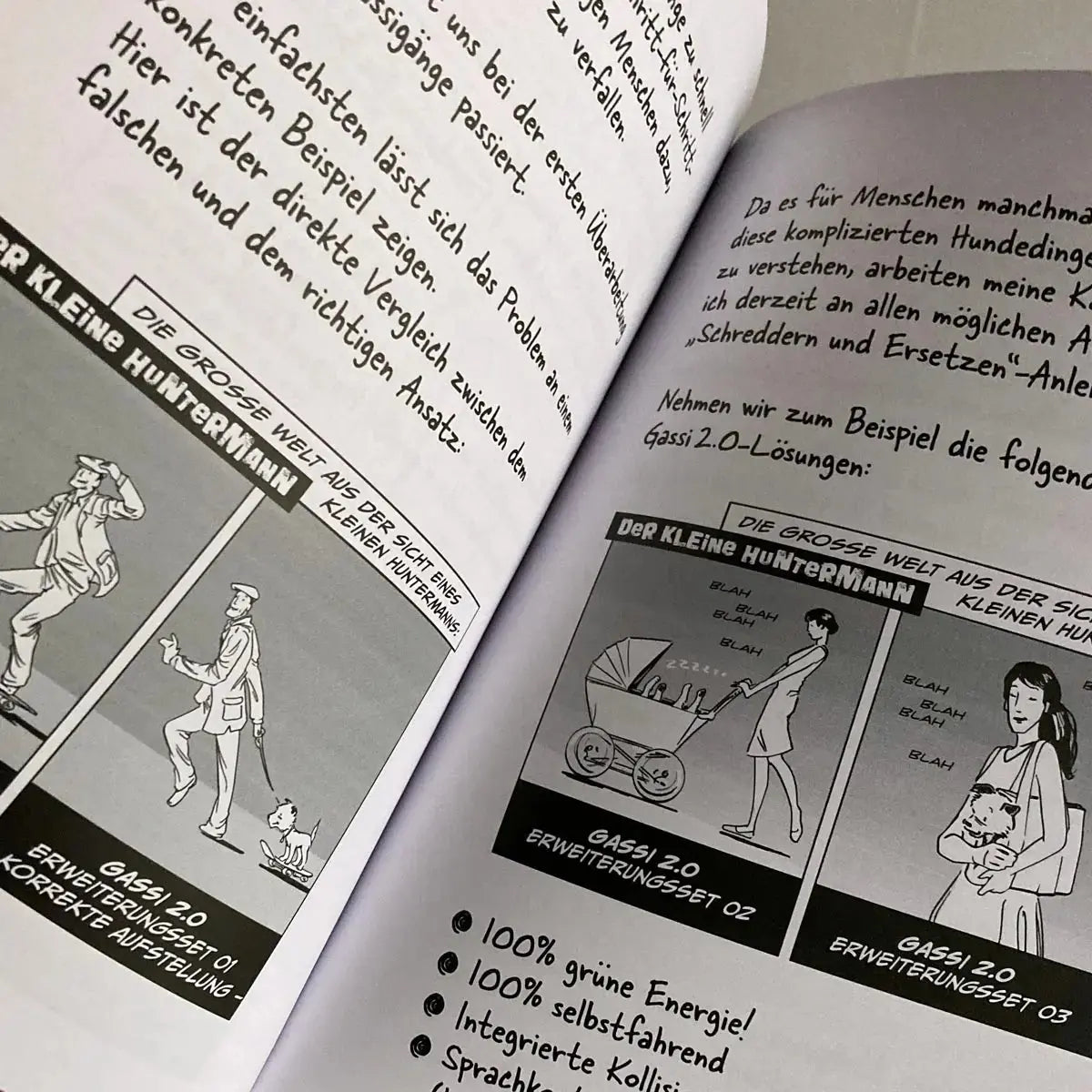 Die große Welt des kleinen Huntermann, die lustigen Hundememoiren eines kleinen Terriers, von Hunter Lassal. Premiumausgabe mit Schwarz-Weiß-Druck auf weißem Papier - aufgeschlagenes Buch mit Contentansicht auf hellem Hintergrund