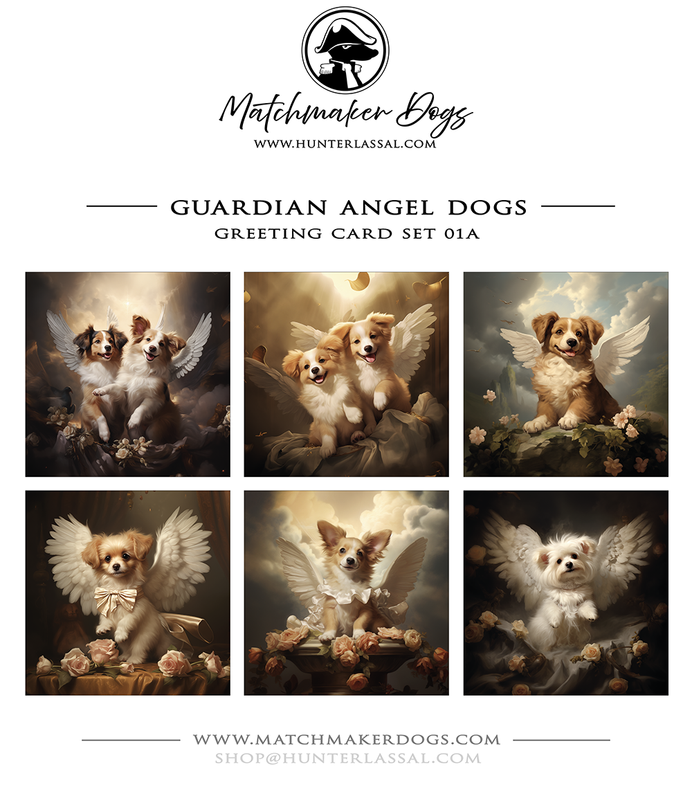 This product includes six different "Guardian Angel Dogs" greeting card from the Matchmaker Dogs design set. It includes 16x16cm envelopes for each card.