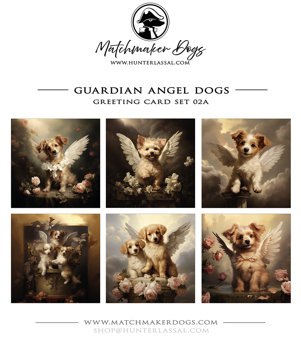 This product includes six different "Guardian Angel Dogs" greeting cards from the Matchmaker Dogs design set. Each card comes with a 16x16cm envelope.