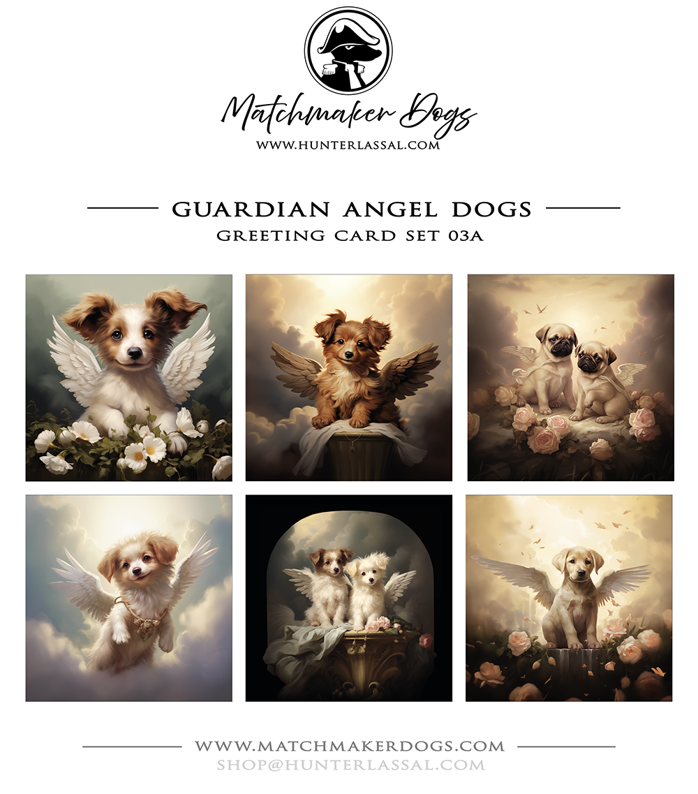 This product includes six different "Guardian Angel Dogs" greeting card from the Matchmaker Dogs design set. It includes 16x16cm envelopes for each card..