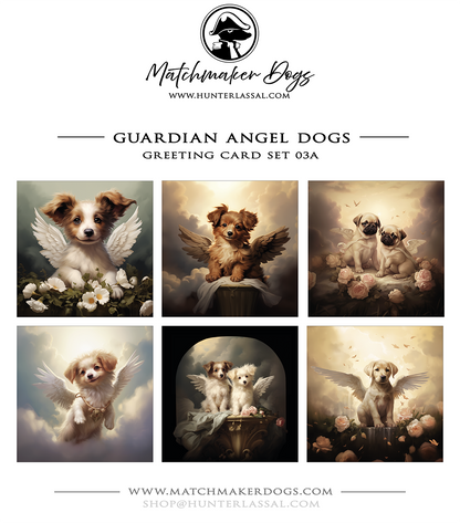 This product includes six different "Guardian Angel Dogs" greeting card from the Matchmaker Dogs design set. It includes 16x16cm envelopes for each card..