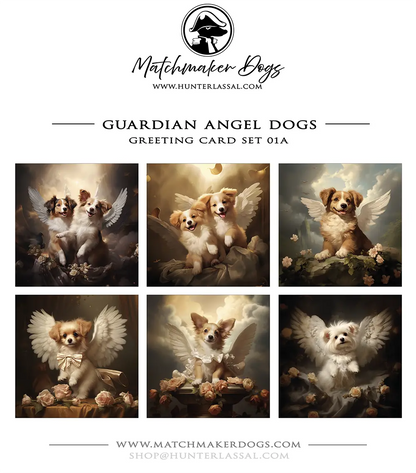 This product includes six different "Guardian Angel Dogs" greeting card from the Matchmaker Dogs design set. It includes 16x16cm envelopes for each card.