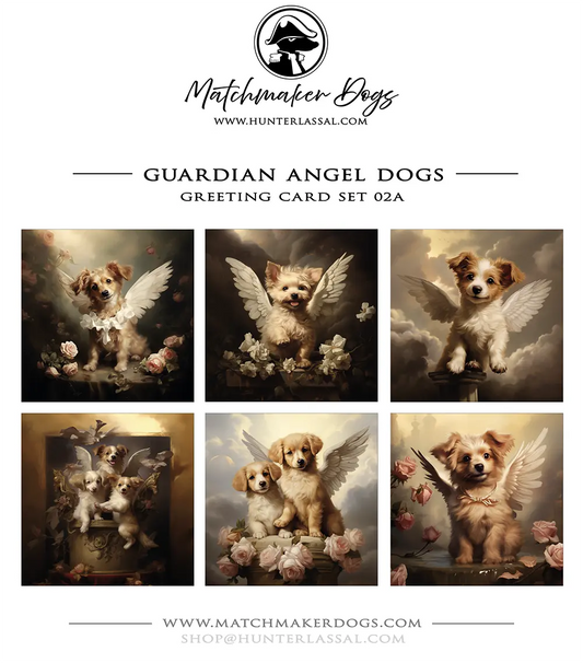 This product includes six different "Guardian Angel Dogs" greeting cards from the Matchmaker Dogs design set. Each card comes with a 16x16cm envelope.