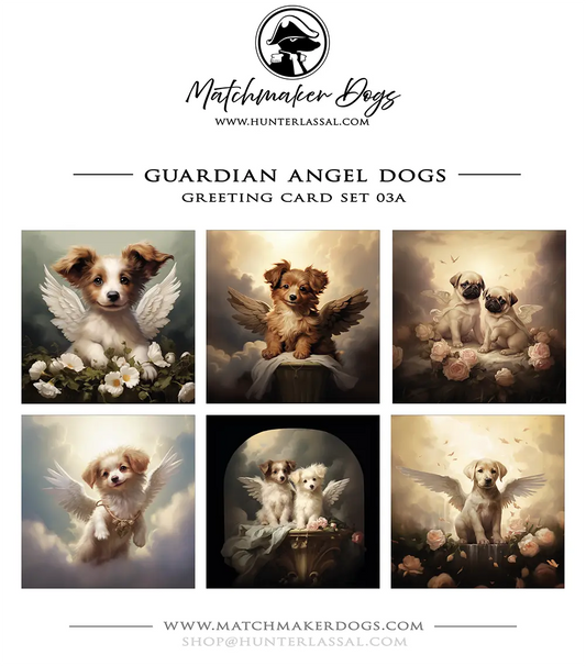 This product includes six different "Guardian Angel Dogs" greeting card from the Matchmaker Dogs design set. It includes 16x16cm envelopes for each card..