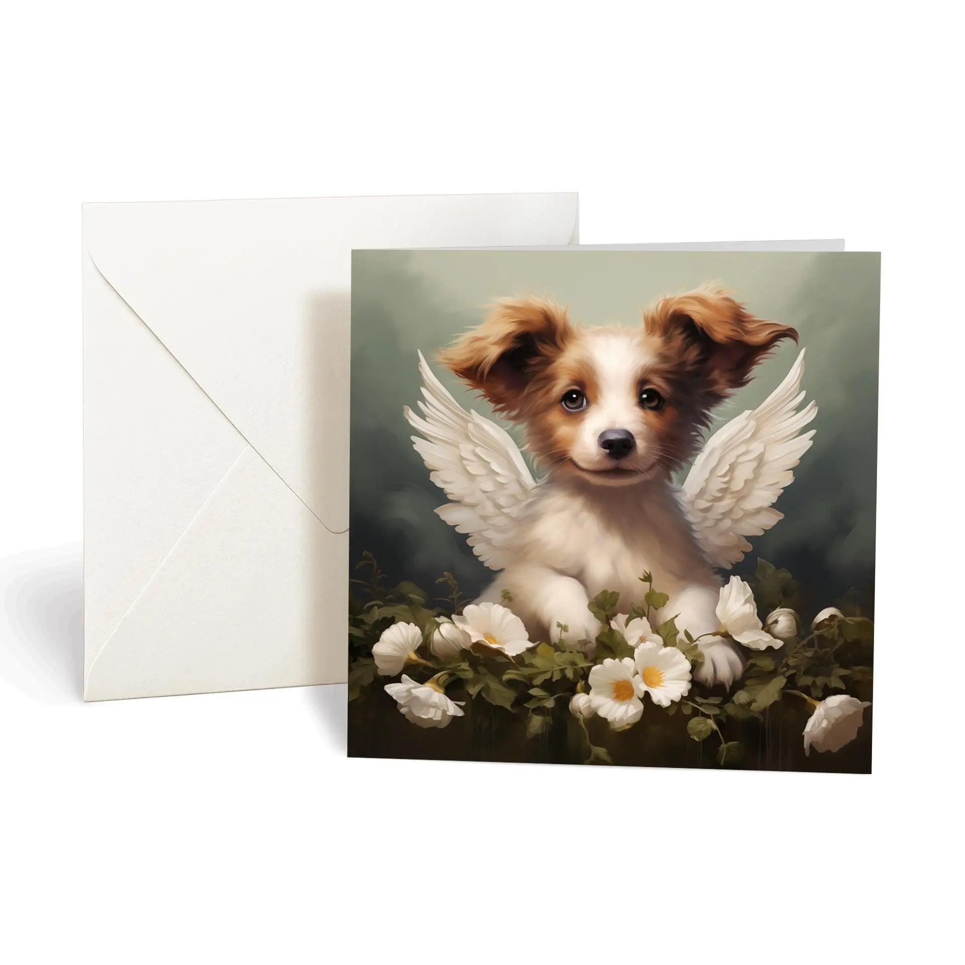 This product includes one A013 "Guardian Angel Dogs" greeting card from the Matchmaker Dogs design set. It includes a 16x16cm envelope.
