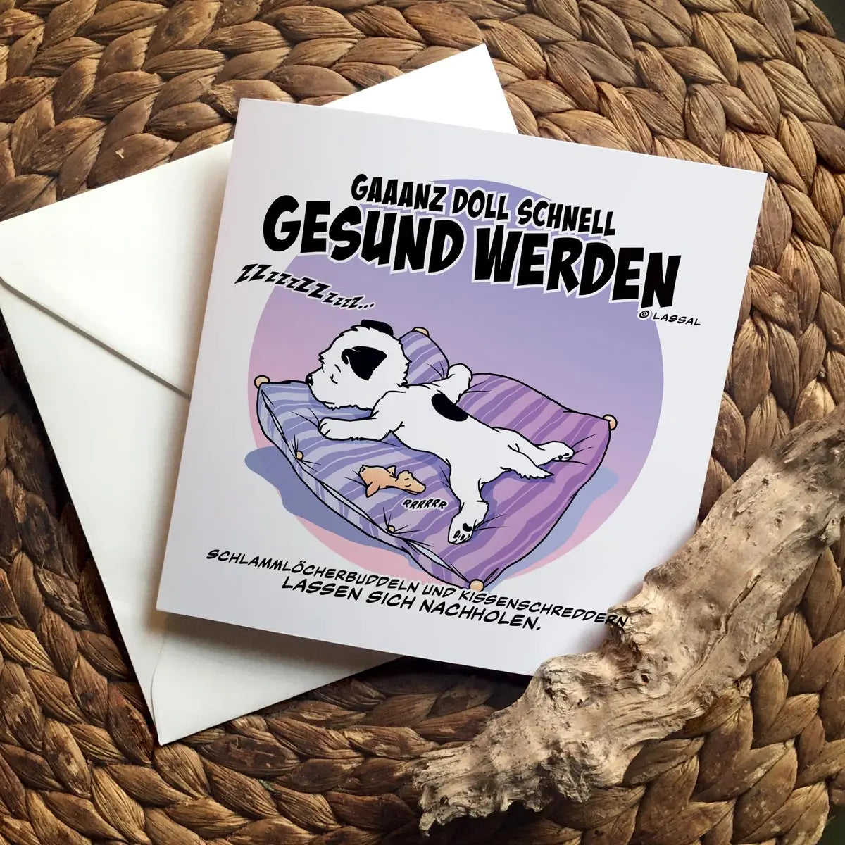 Little Hunterman's German Klein Huntermamms "ganz doll schnell gesund werden" Greeting Card. Square card, folded, closed on a table.